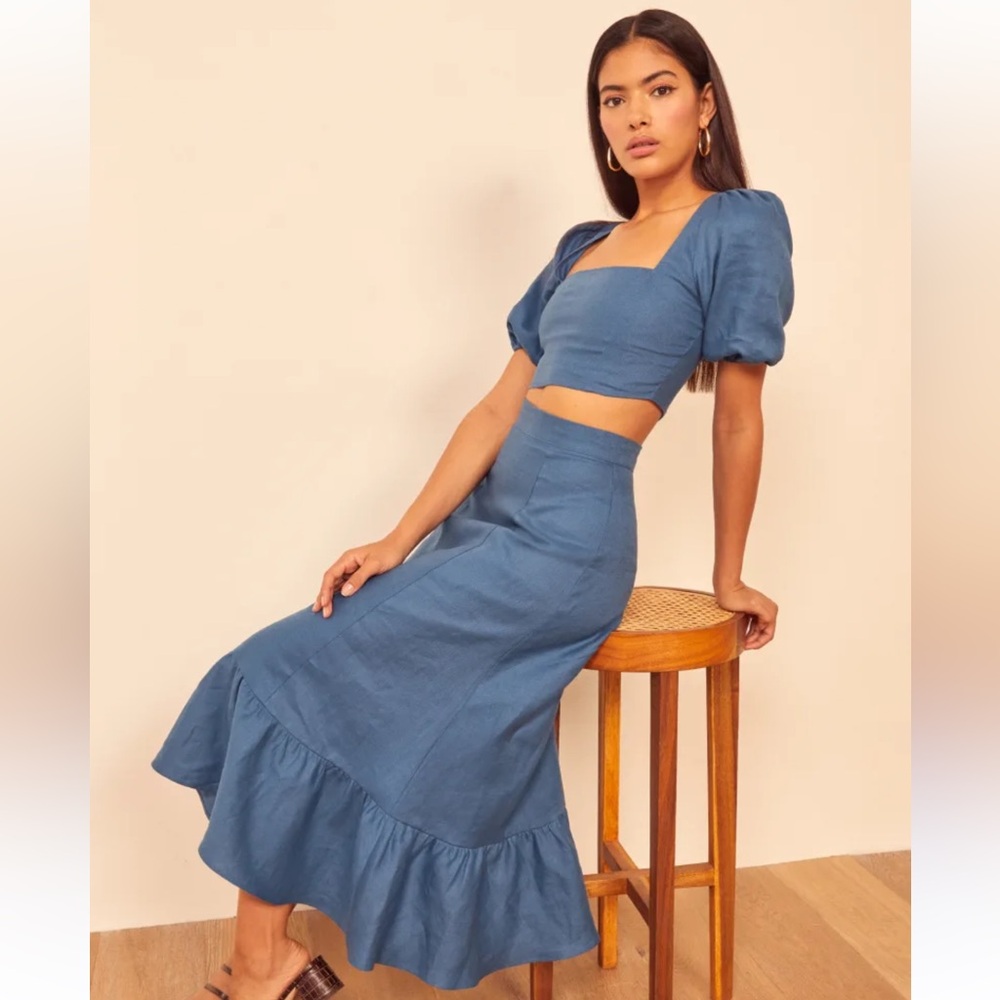 REFORMATION Yucca Linen Two Piece Matching Set / Dusty Blue Small 2